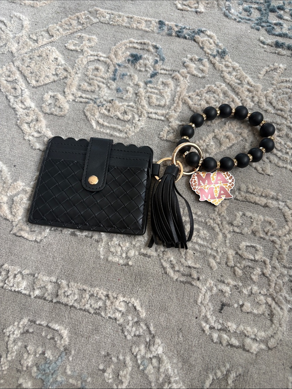 Black Woven Cardholder Wristlet Keychain with 'MAMA' Charm